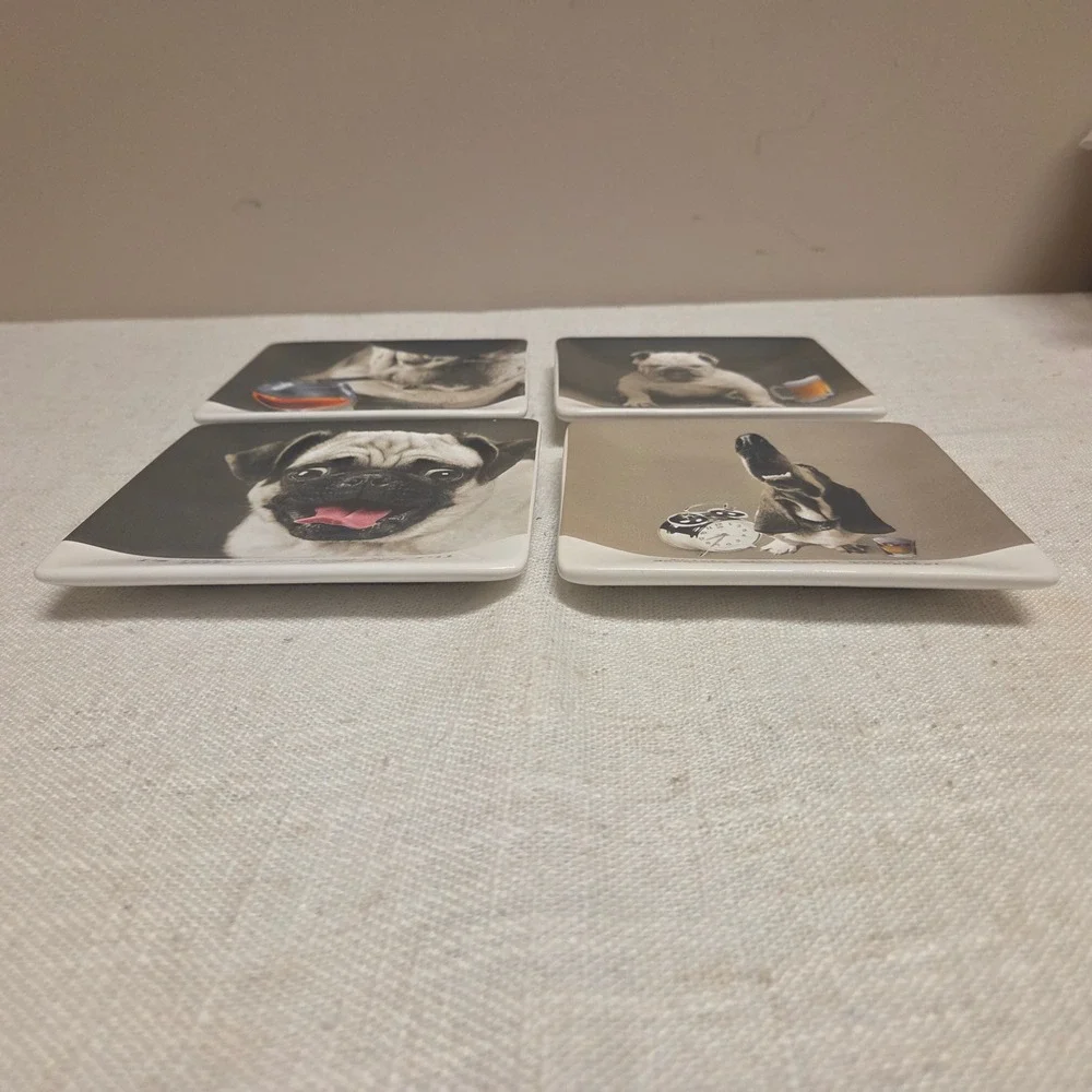 Mud Pie Funny Dog Ceramic Appetizer Plate Set of 4 Humorous Barware Snack Plates
